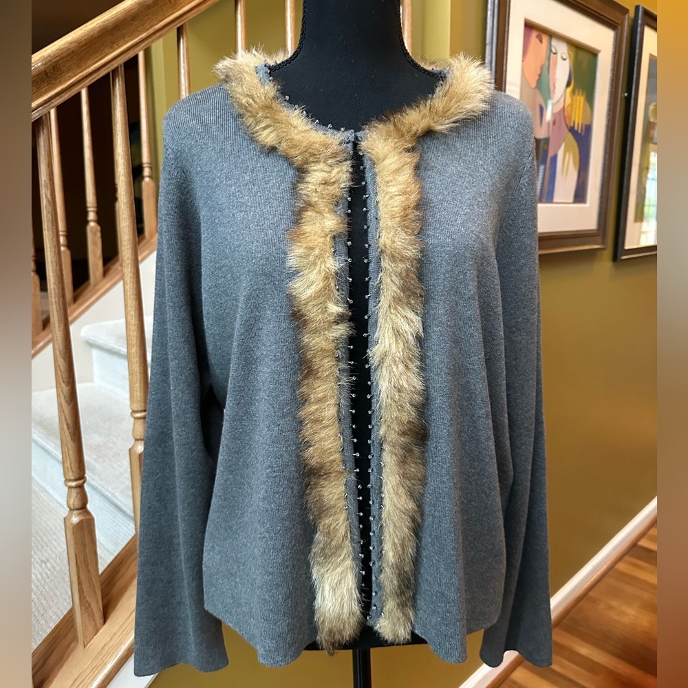 Chico’s Faux-Fur Trimmed Grey Cardigan